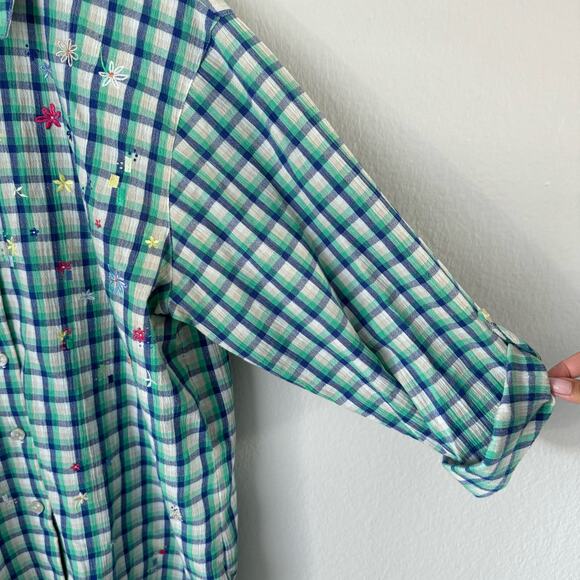 Vintage Koret Francisca Womens Green Plaid Shirt Embroidered Floral Size Medium - Picture 5 of 12